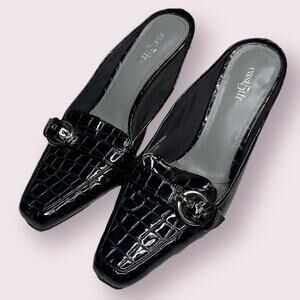 Easy 5th Crocodile Buckle Vintage Black Crocodile Kitten Slip On Mule Heels
